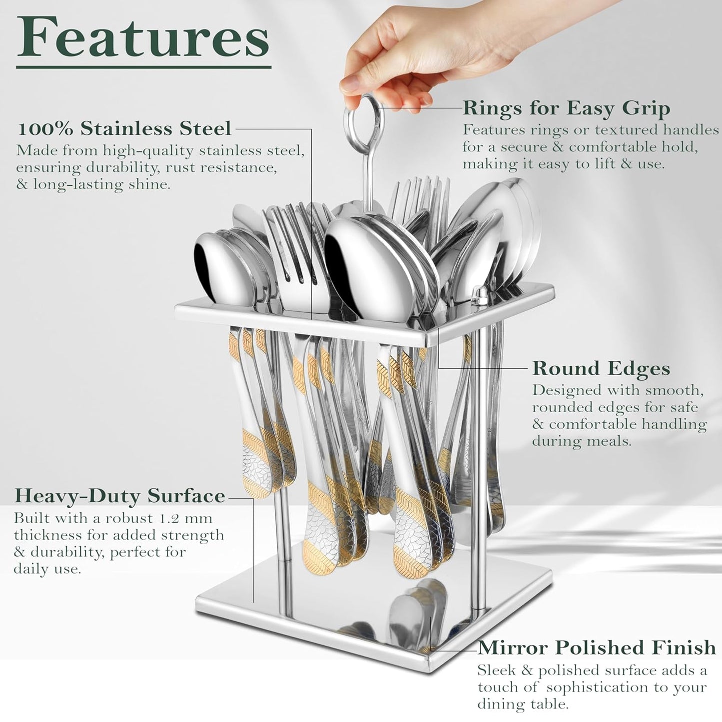 25 Pieces Luxury Stainless Steel Golden Cutlery Set with 24K Gold Plated Handles – Includes 6 Tea Spoons, 6 Dinner Spoons, 6 Table Forks, 6 Table Spoons, 1 Stand for Home & Kitchen Dining Table