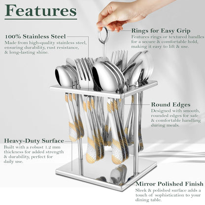 25 Pieces Luxury Stainless Steel Golden Cutlery Set with 24K Gold Plated Handles – Includes 6 Tea Spoons, 6 Dinner Spoons, 6 Table Forks, 6 Table Spoons, 1 Stand for Home & Kitchen Dining Table