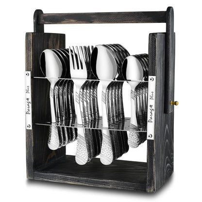 25 Pieces Stainless Steel Imperial Cutlery Set with Wooden Hanging Stand – Includes 6 Tea Spoons, 6 Table Spoons, 6 Table Forks, 6 Dinner Spoons, Stylish Dining Set