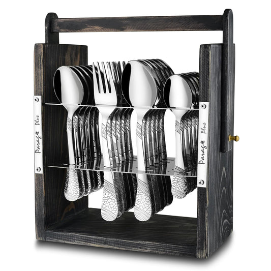 25 Pieces Stainless Steel Imperial Cutlery Set with Wooden Hanging Stand – Includes 6 Tea Spoons, 6 Table Spoons, 6 Table Forks, 6 Dinner Spoons, Stylish Dining Set