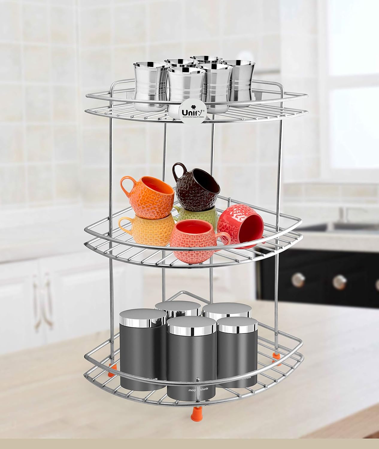 3-Tier Stainless Steel Kitchen Rack – Multipurpose Organizer & Corner Shelf for Kitchen & Bathroom, Wall-Mounted, 23×23×48 cm, Chrome Finish