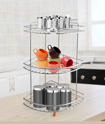 3-Tier Stainless Steel Kitchen Rack – Multipurpose Organizer & Corner Shelf for Kitchen & Bathroom, Wall-Mounted, 23×23×48 cm, Chrome Finish