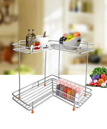 2-Tier Stainless Steel L-Corner Shelf Rack – 31×31×33 cm, Chrome Finish