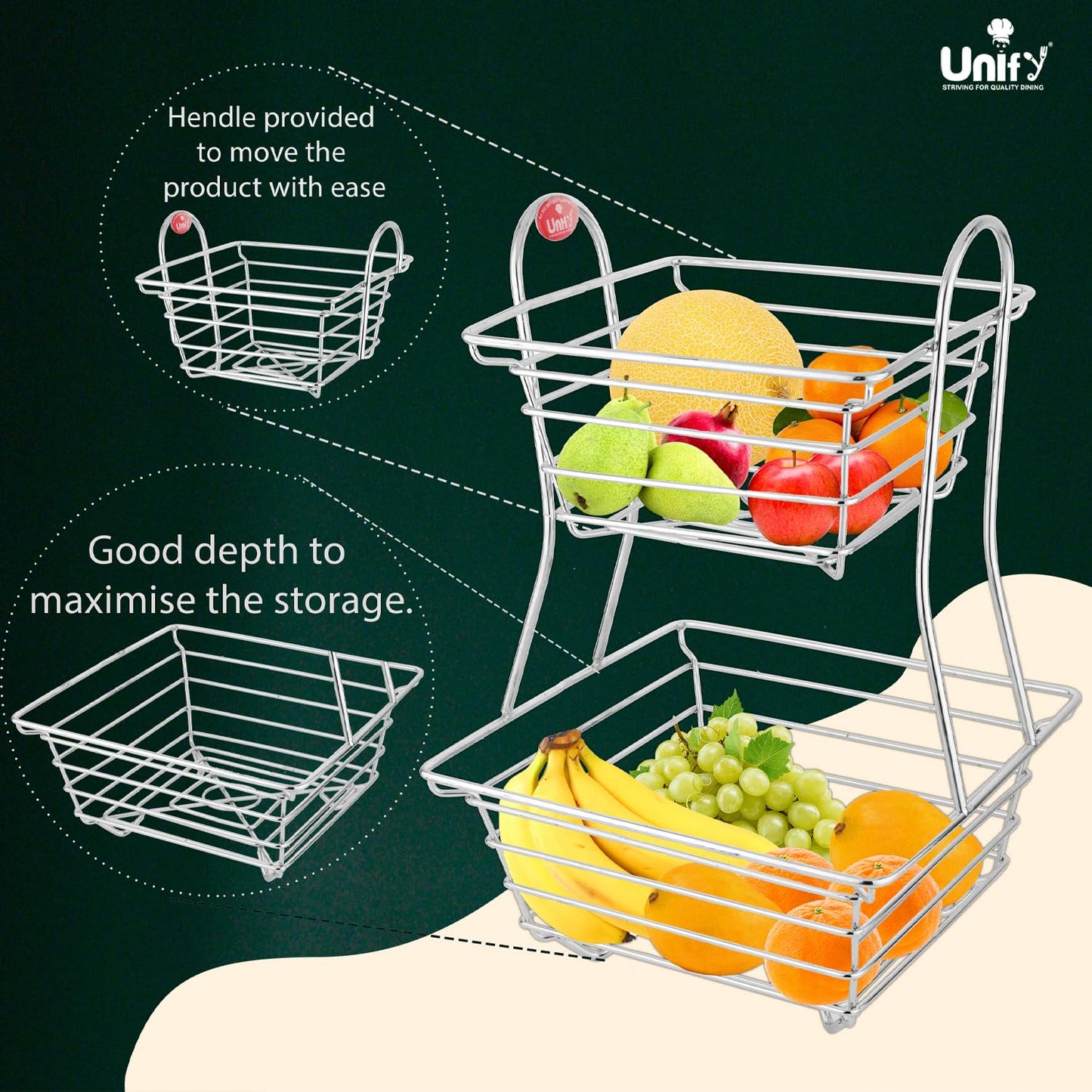2-Tier Stainless Steel Fruit Basket – Square, Kitchen & Dining Table Stand