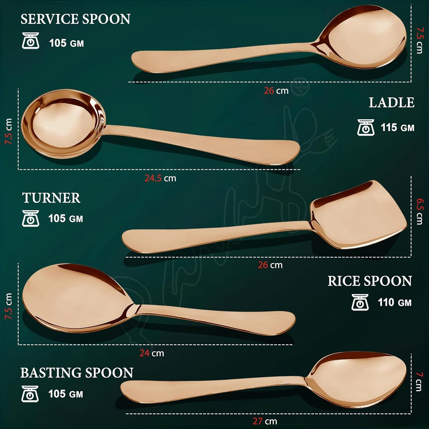 5 Pieces Stainless Steel Rose Gold Serving Spoon Set for Dining Table/Kitchen, 1.8 mm Heavy Gauge (1 Soup Ladle (Karchi), 1 Solid Spoon (Chamcha), 1 Rice Spoon, 2 Basting/Serving Spoon)