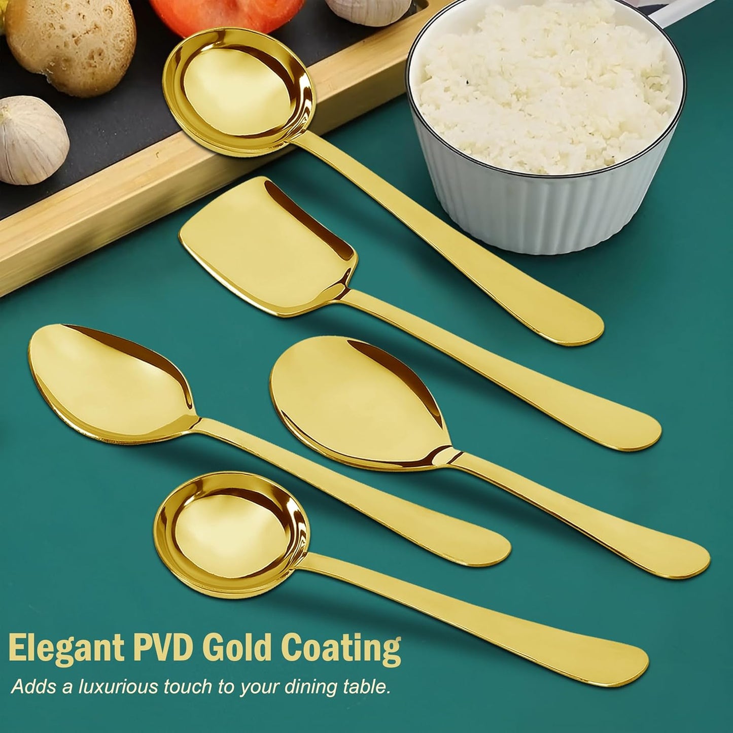 5 Pcs Stainless Steel Gold Serving Spoon Set for Kitchen & Dining – 1.8mm Heavy Gauge, Soup Ladle, Solid & Rice Spoon (Pack of 5)