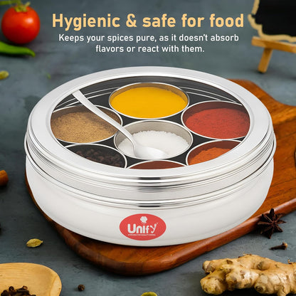 Stainless Steel Masala Box | Airtight Spice Dabba with 7 Containers & Lid (1200 ml, Silver)