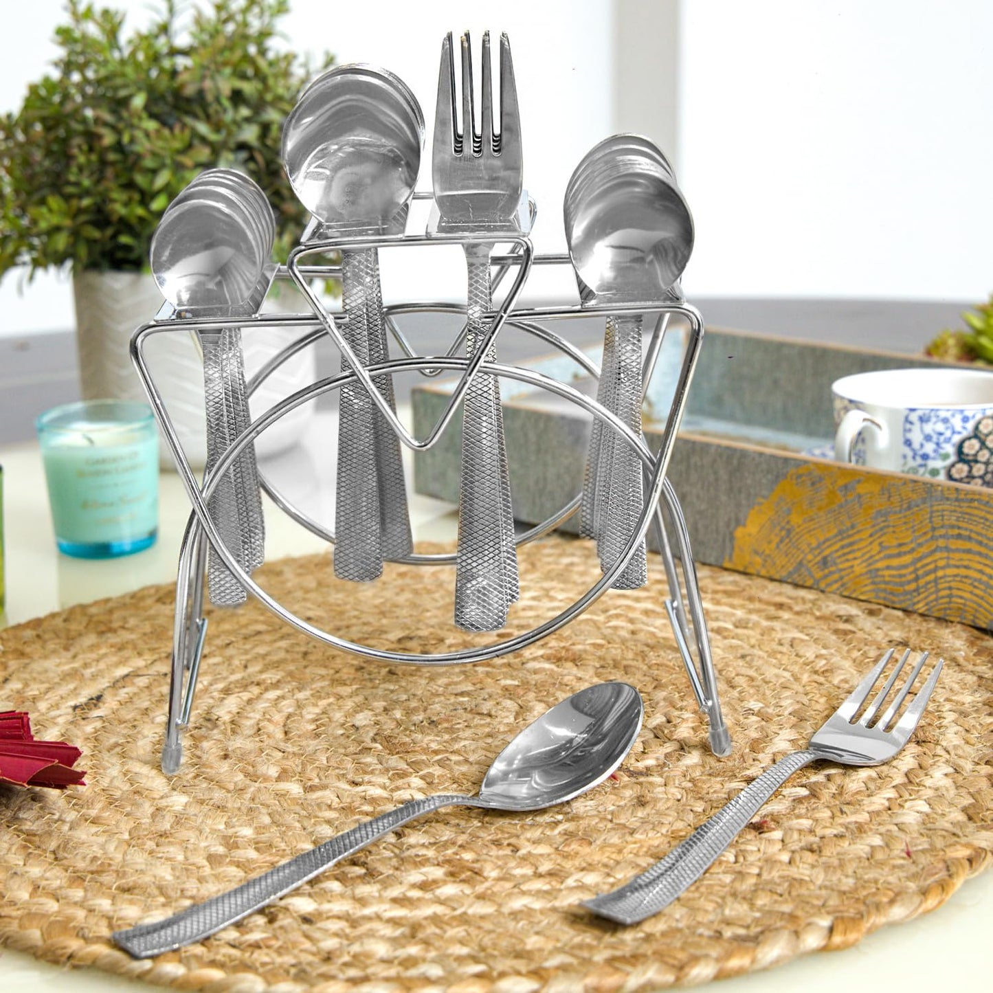 25 Pcs Premium Stainless Steel Cutlery Set with Stand for Home & Kitchen | Silver