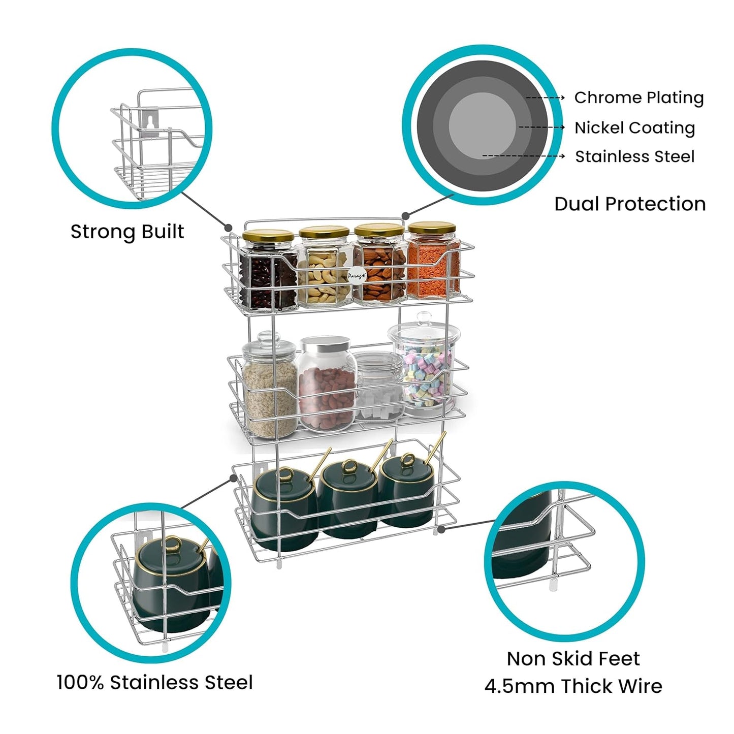 3 Tier Stainless Steel Kitchen Rack | Multipurpose Storage Shelf Silver