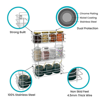 3 Tier Stainless Steel Kitchen Rack | Multipurpose Storage Shelf Silver