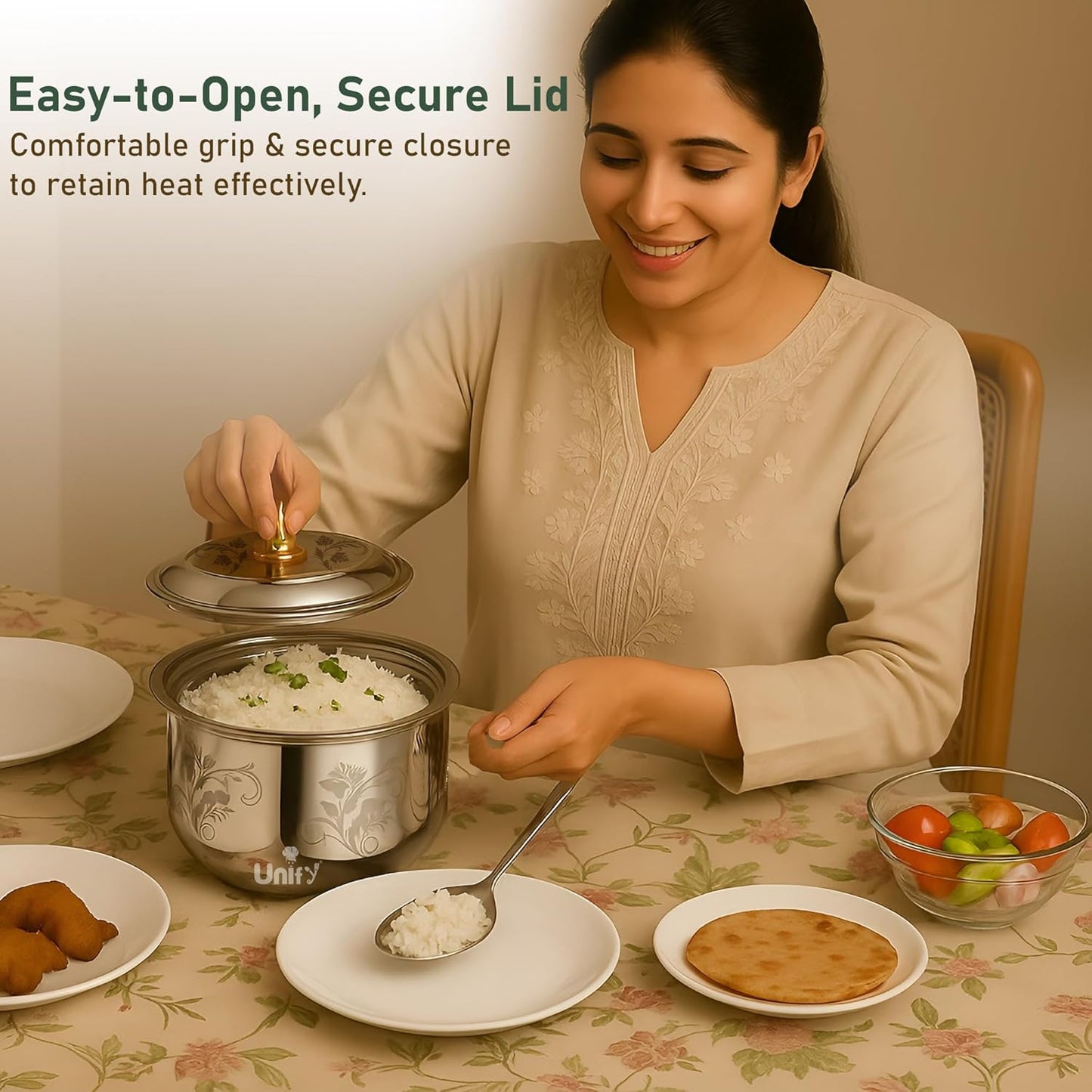 Stelo Stainless Steel Insulated Casserole 2200ml | Floral Design Hot Pot | PVD Gold Handle, Silver