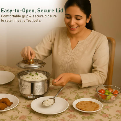 Stelo Stainless Steel Insulated Casserole 1600ml | Floral Design Hot Pot | PVD Gold Handle, Silver