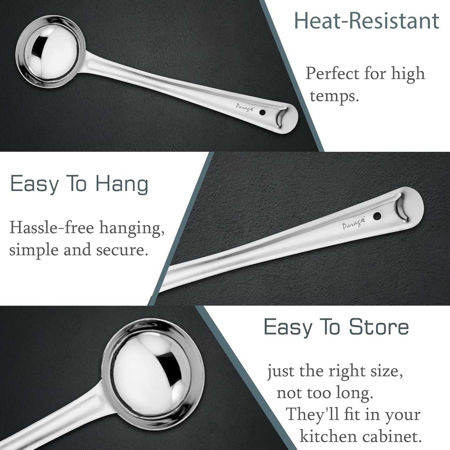 3 Pcs Stainless Steel Ladle Set for Kitchen Cooking & Serving – Karchi/Soup Ladle/Kalchun, Silver, Sizes 12.5” x1 & 11” x2