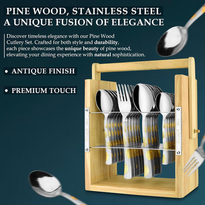 25-Piece Stainless Steel Cutlery Set with Wooden Stand | 24k Gold Plated Spoons & Forks