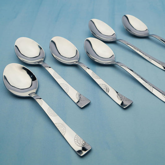 6 Pcs Stainless Steel Spoon Set – 18.5cm, Premium Large Spoons for Home & Kitchen, Luxury Tableware Cutlery, Housewarming Gift, Silver, Moonpress Design