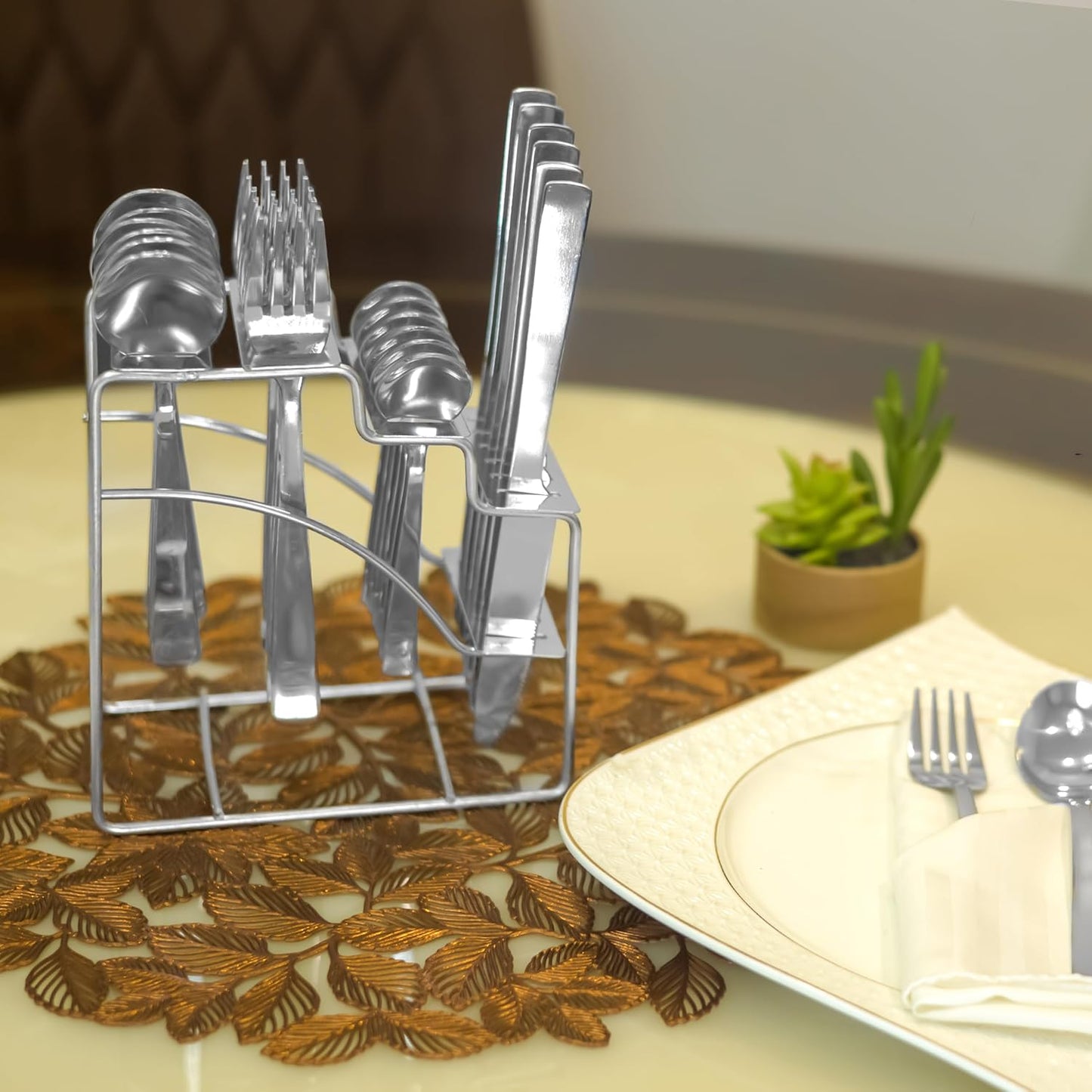 25-Piece Fantasy Stainless Steel Cutlery Set with Stand | Table Spoons, Tea Spoons, Forks & Knives, Silver