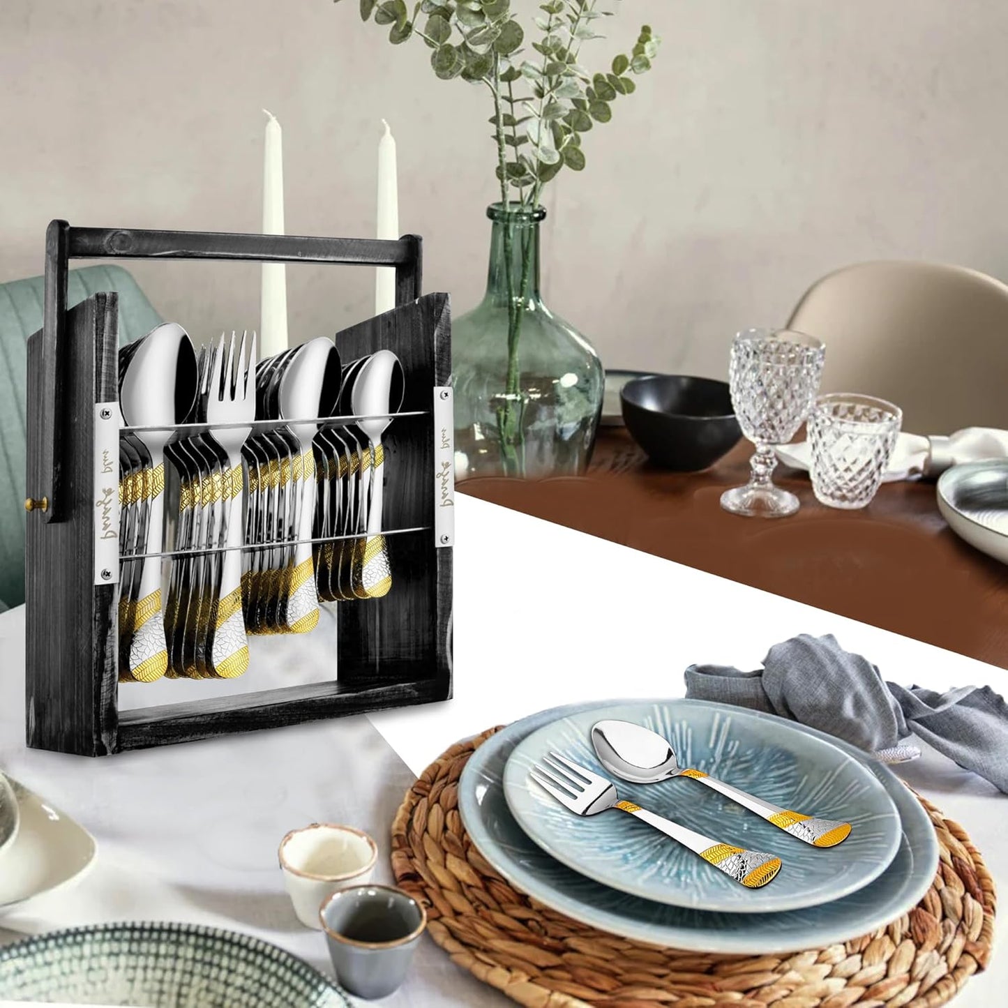 25 Pieces Stainless Steel Imperial Cutlery Set with Wooden Stand, 24K Gold Plated Spoons & Forks for Dining Table