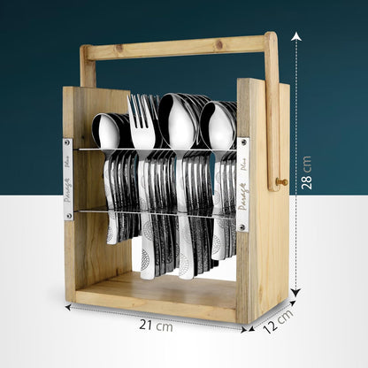25 Pcs Moonpress Stainless Steel Cutlery Set | 6 Tea Spoons, 6 Table Spoons, 6 Forks, 6 Dinner Spoons | Stylish, Wooden Stand, Dining