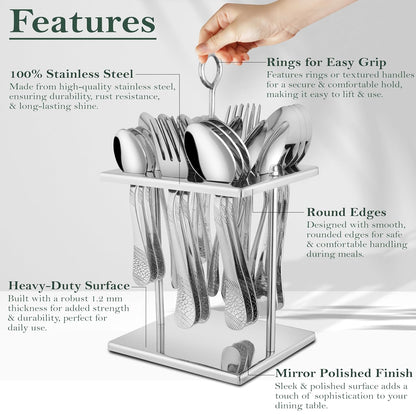 25 Pieces Premium Stainless Steel Cutlery Set – Includes 6 Tea Spoons, 6 Dinner Spoons, 6 Table Forks, 6 Table Spoons, 1 Stand, Perfect for Home & Gifting (Sapphire Imperial)