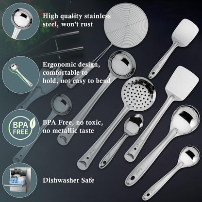 10 Pcs Stainless Steel Cooking Spoons Set for Kitchen – Ladle, Turner, Strainer, Rice Spoon, Oval & Serving Spoons, Essential Home Set