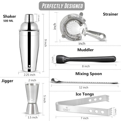 6pc Stainless Steel Bartender Kit | Cocktail Shaker Set
