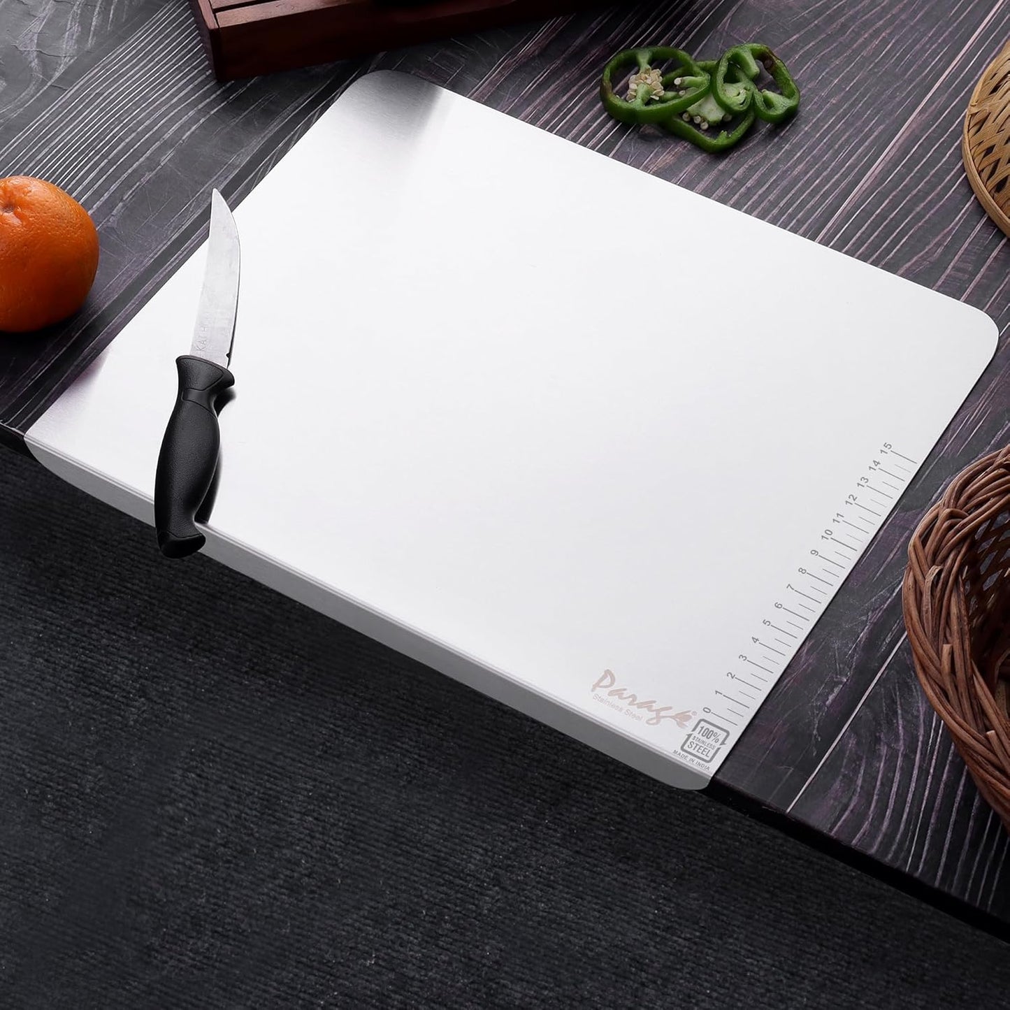 Stainless Steel Countertop Chopping Board with Lip – L-Shape 41x31 cm for Meat, Fruits, Vegetables, Heavy Duty, Rust-Free, Kitchen & Professional Use