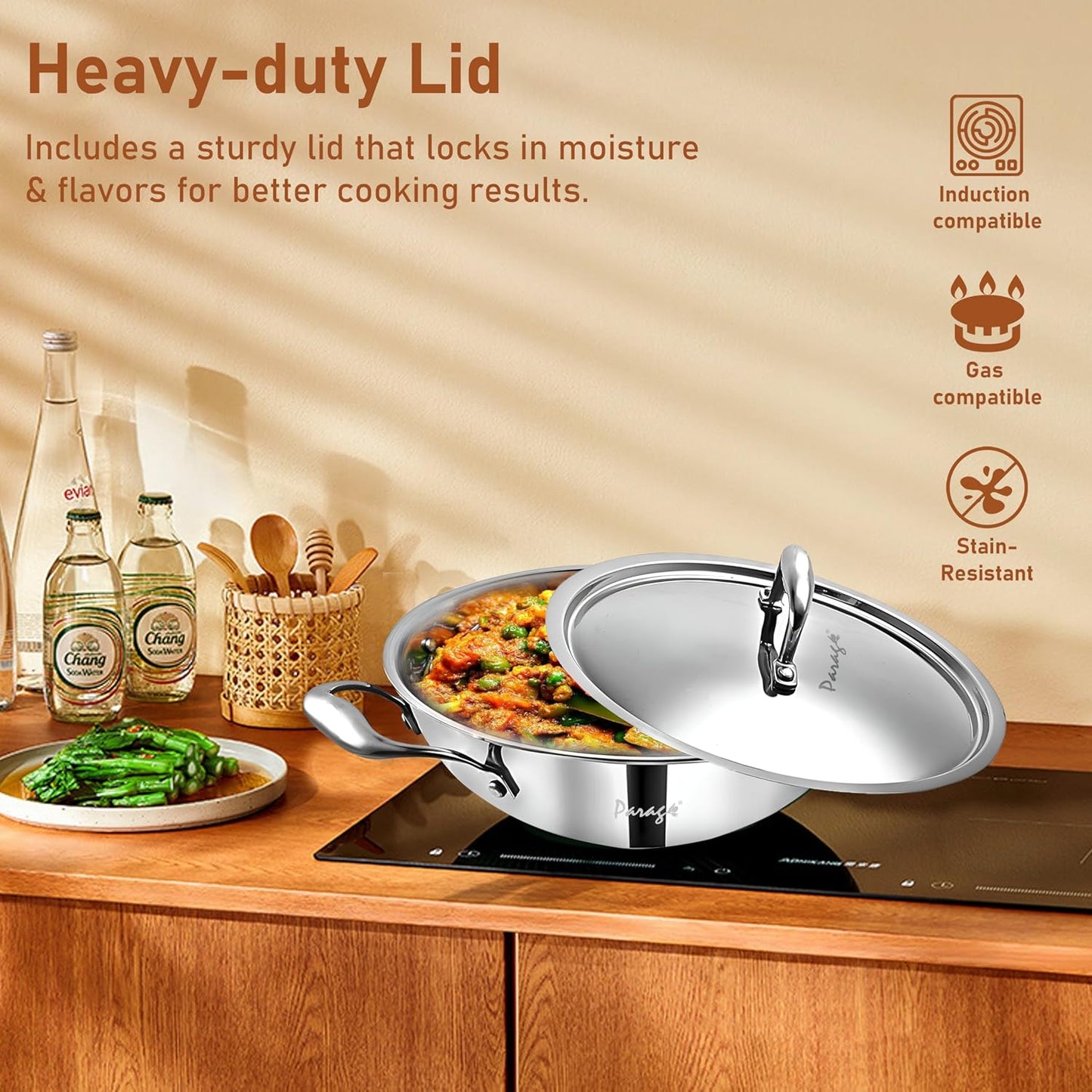 Tripure Triply Stainless Steel Kadai with Lid 28 cm, 4 Litre | Heavy Bottom Kadhai for Deep Frying & Cooking | Induction & Gas Stove Compatible (5 Years Warranty)