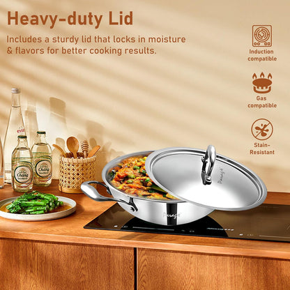 Tripure Triply Stainless Steel Kadai with Lid 28 cm, 4 Litre | Heavy Bottom Kadhai for Deep Frying & Cooking | Induction & Gas Stove Compatible (5 Years Warranty)