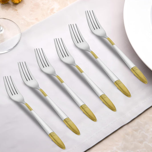 6 Pieces Stainless Steel 24K Golden Dinner Forks Set, 16 cm Premium Dining Cutlery with Ivory Design – Luxury Tableware for Home & Kitchen
