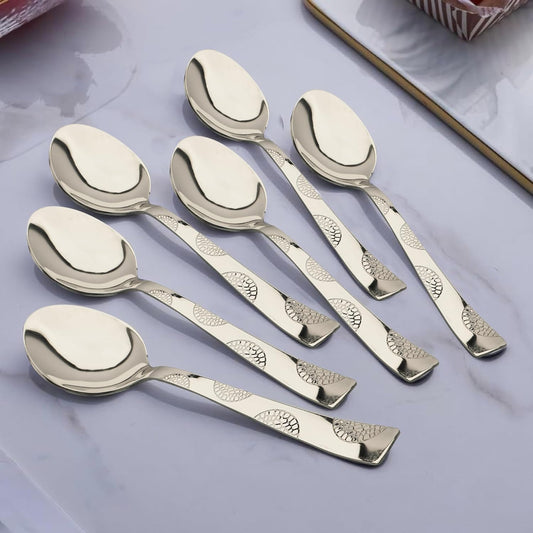 6 Pcs Stainless Steel Dinner Spoon Set – 15.5cm, Premium Spoons for Home & Kitchen, Luxury Tableware, Housewarming Gift, Silver, Moonpress Design