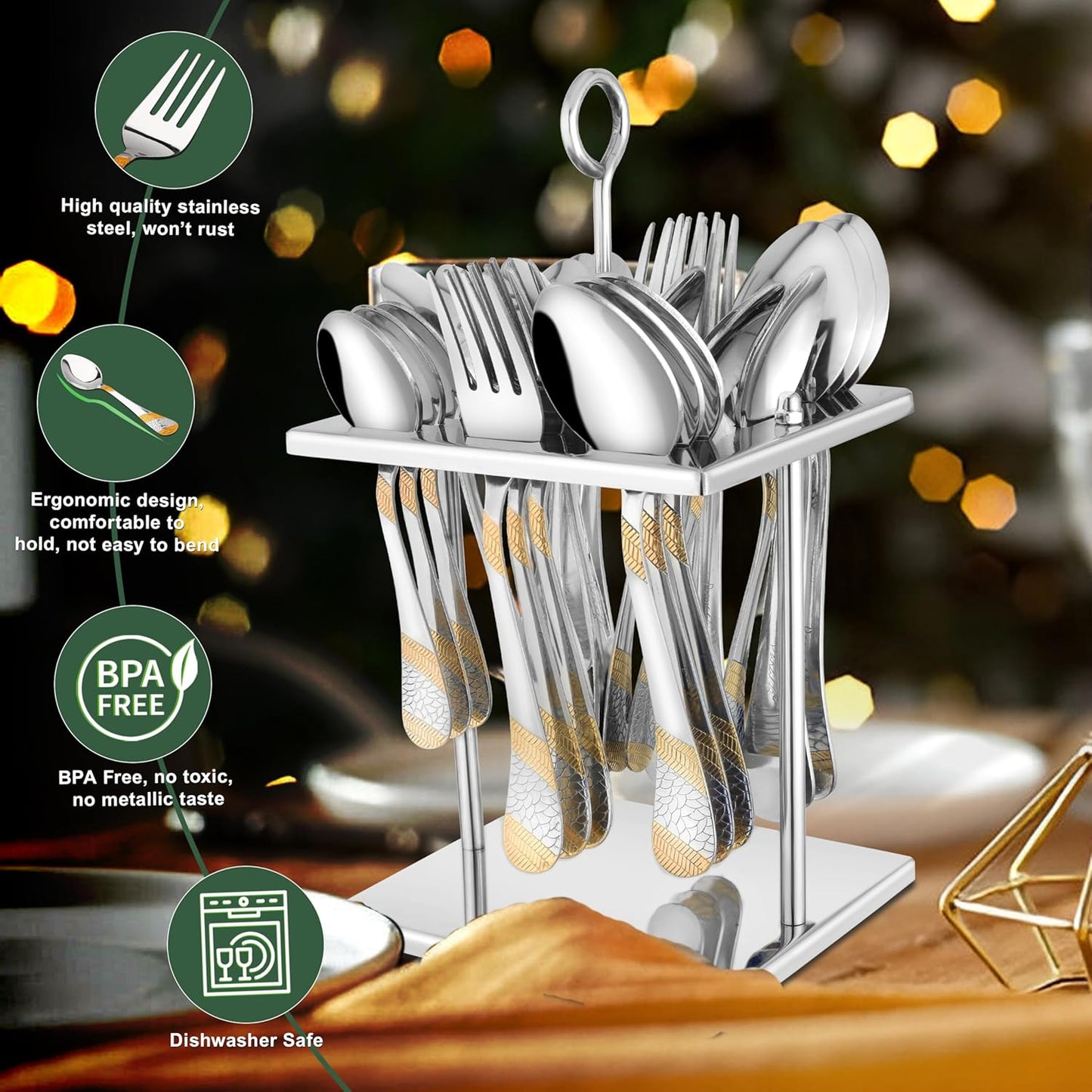 25 Pieces Luxury Stainless Steel Golden Cutlery Set with 24K Gold Plated Handles – Includes 6 Tea Spoons, 6 Dinner Spoons, 6 Table Forks, 6 Table Spoons, 1 Stand for Home & Kitchen Dining Table