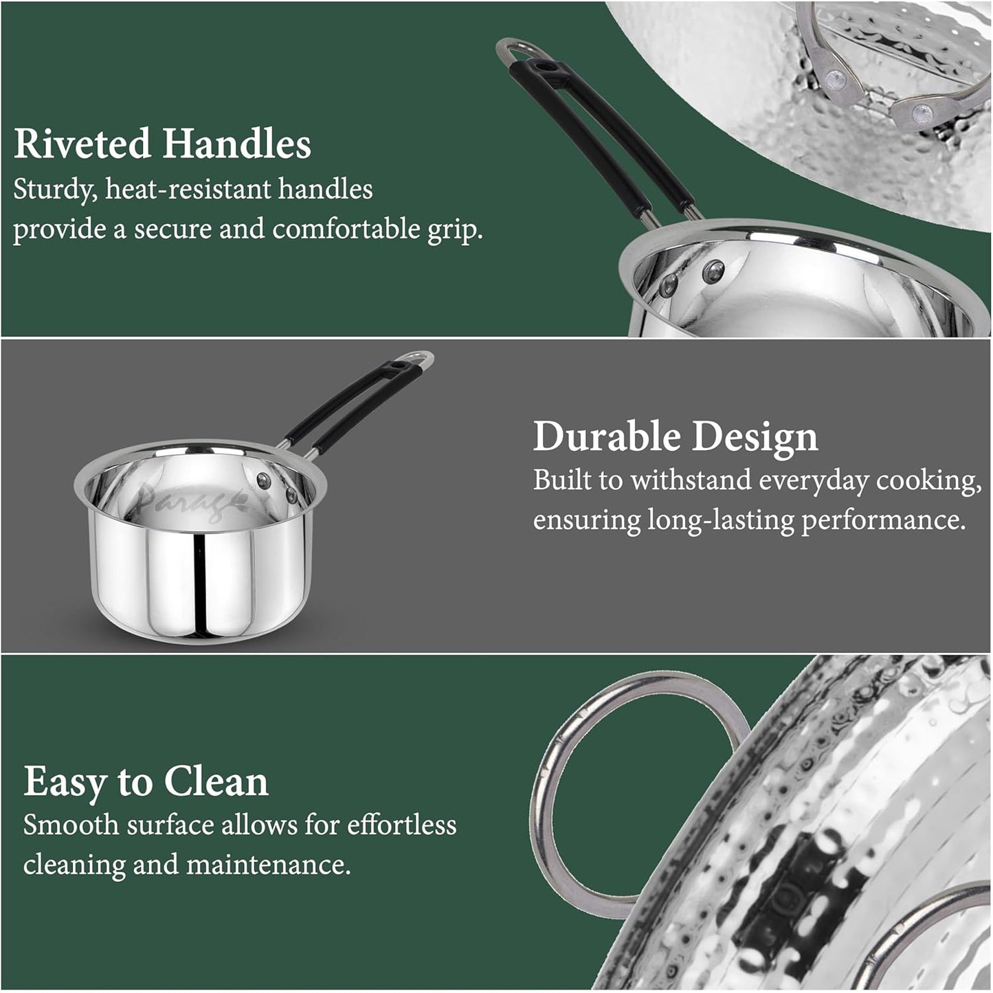2 Pcs Stainless Steel Hammered Kadhai & Saucepan Set – Heavy Bottom for Cooking & Deep Frying, Gas Stove Friendly, Capacities 2 L & 1.75 L, Silver