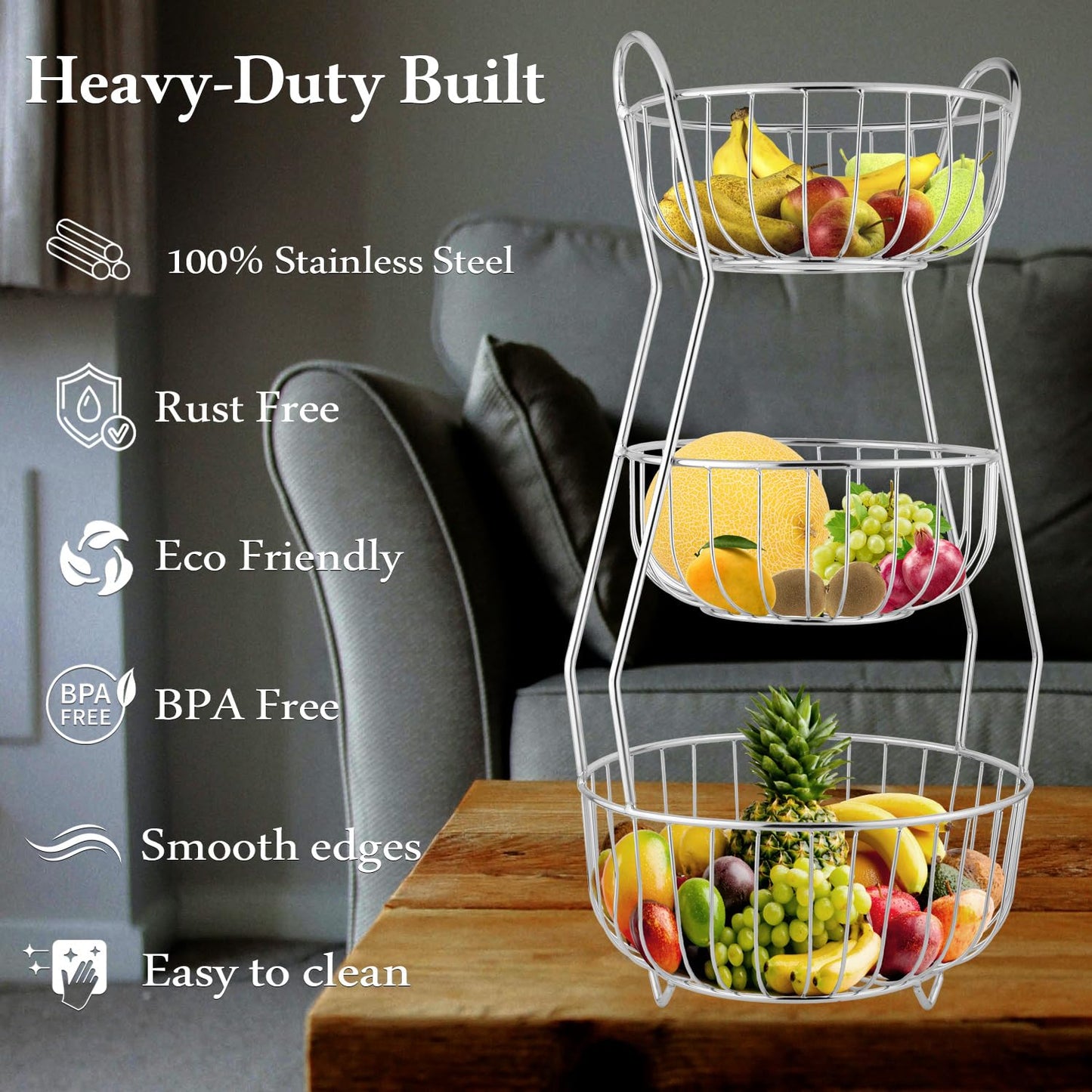 3-Tier Stainless Steel Fruit Basket – Round, Kitchen & Dining Table Stand