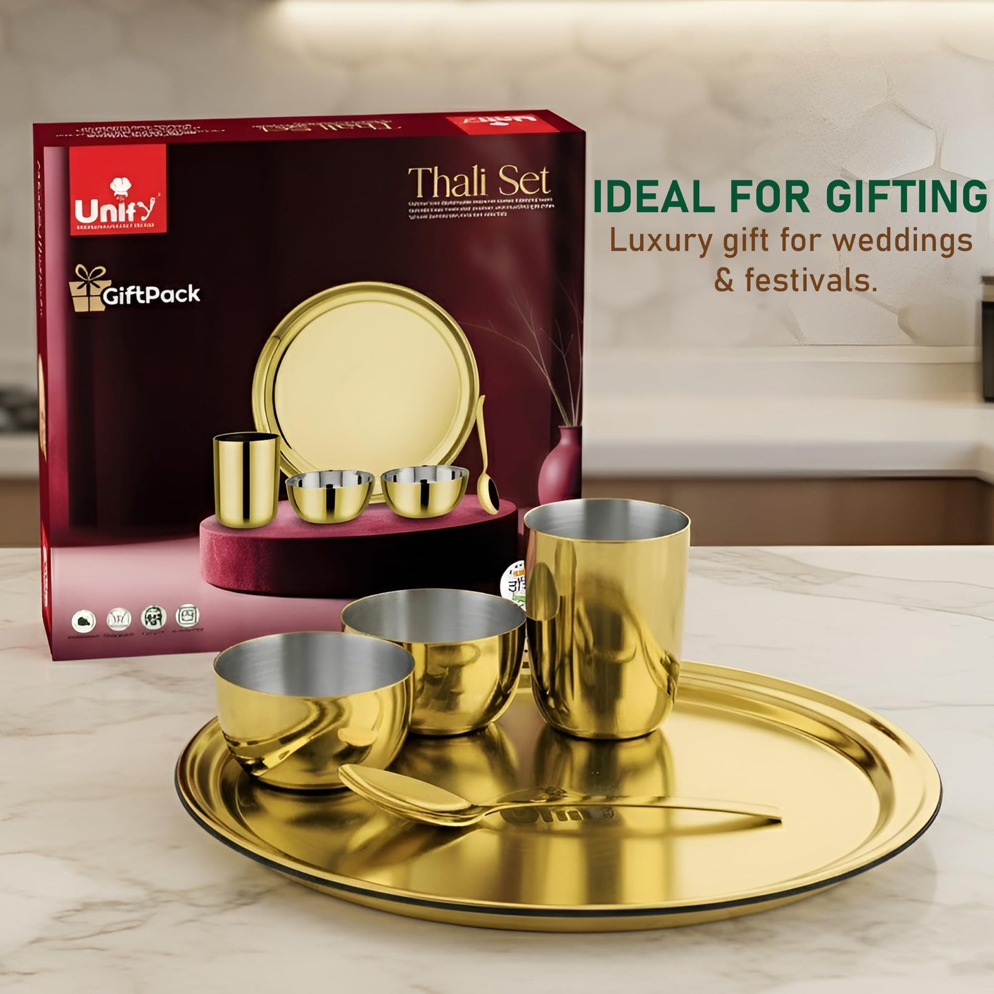 Stainless Steel PVD Gold Plated Thali Set | Premium Dinner Plate with Bowls, Spoon & Glass | Royal Gold Dinnerware for Home, Restaurant & Festive Gifting | Food Grade & Rust Proof