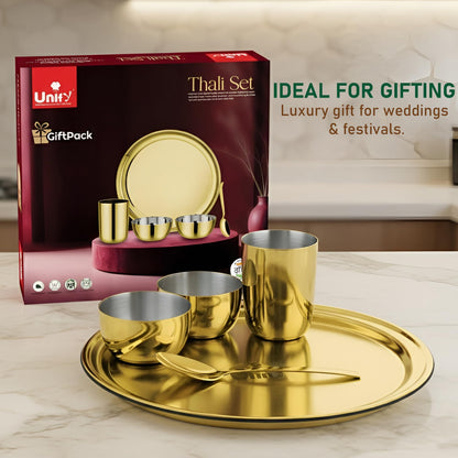 Stainless Steel PVD Gold Plated Thali Set | Premium Dinner Plate with Bowls, Spoon & Glass | Royal Gold Dinnerware for Home, Restaurant & Festive Gifting | Food Grade & Rust Proof