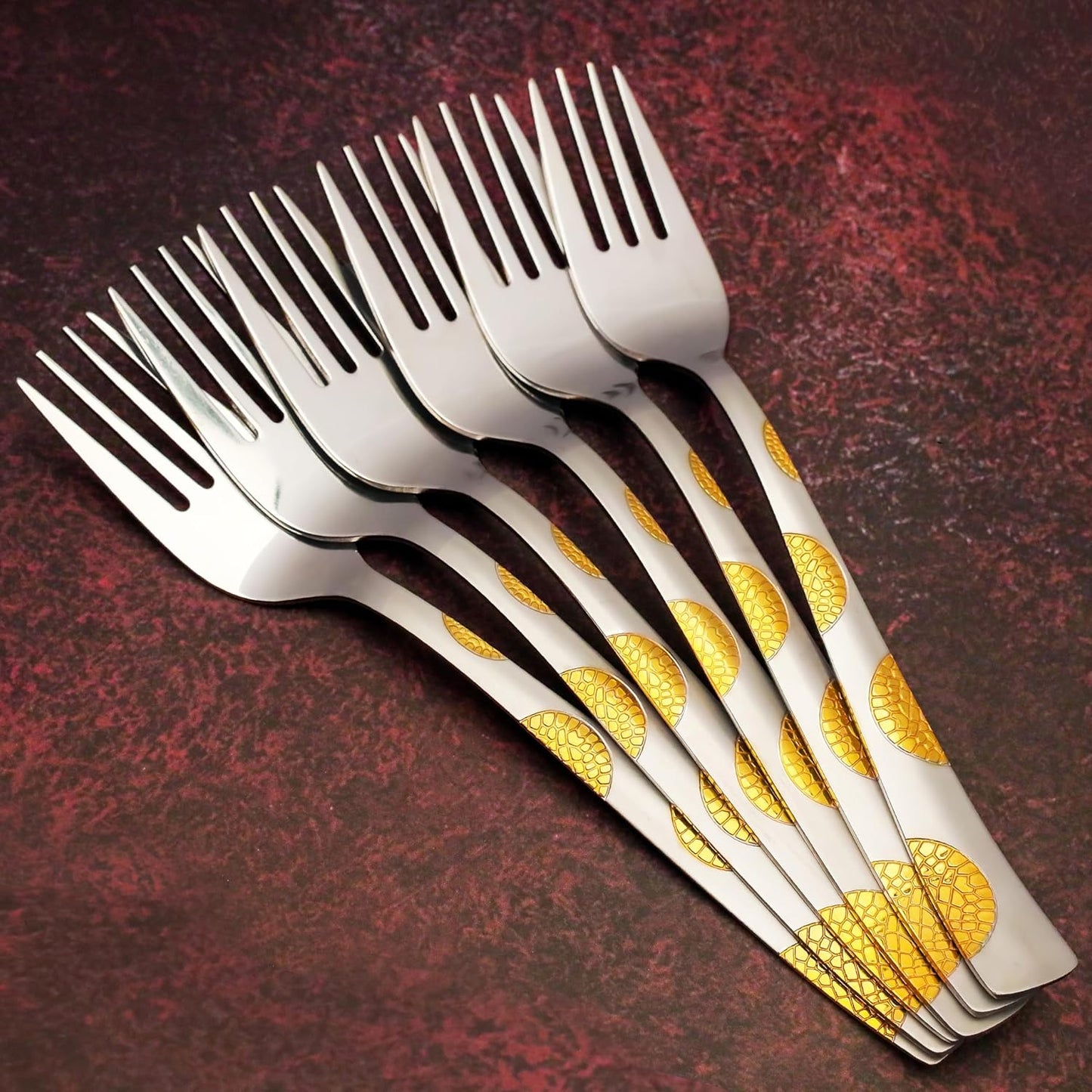 6 Pieces Stainless Steel 24K Golden Forks Set, Premium Luxury Dining Cutlery with Moonpress Design – Ideal Gift for Home & Kitchen