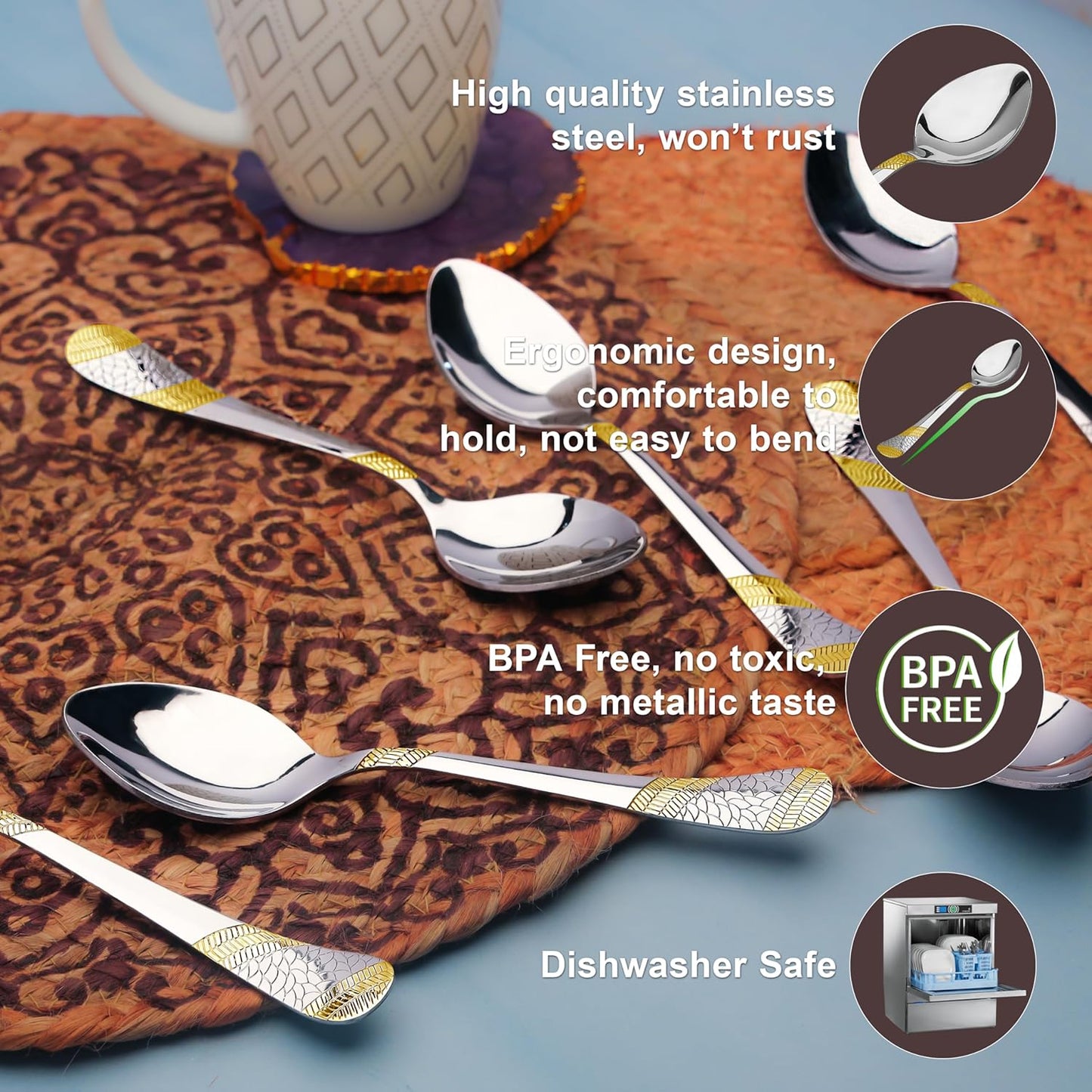 6 Pcs Stainless Steel 24K Gold Table Spoon Set – 18cm, Premium Large Spoons for Home & Kitchen, Luxury Tableware, Housewarming Gift, Imperial Design