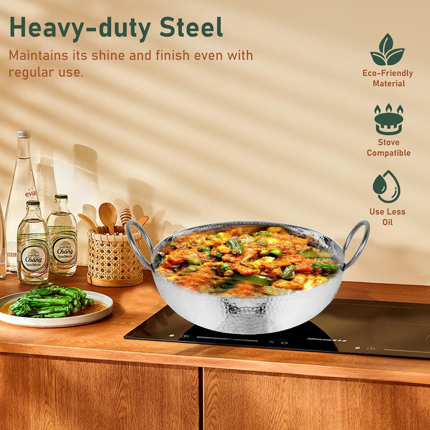 2 Pcs Stainless Steel Hammered Kadhai Set – Heavy Bottom for Cooking & Deep Frying, Gas Stove Friendly, Capacities 1.2 L & 2 L, Silver