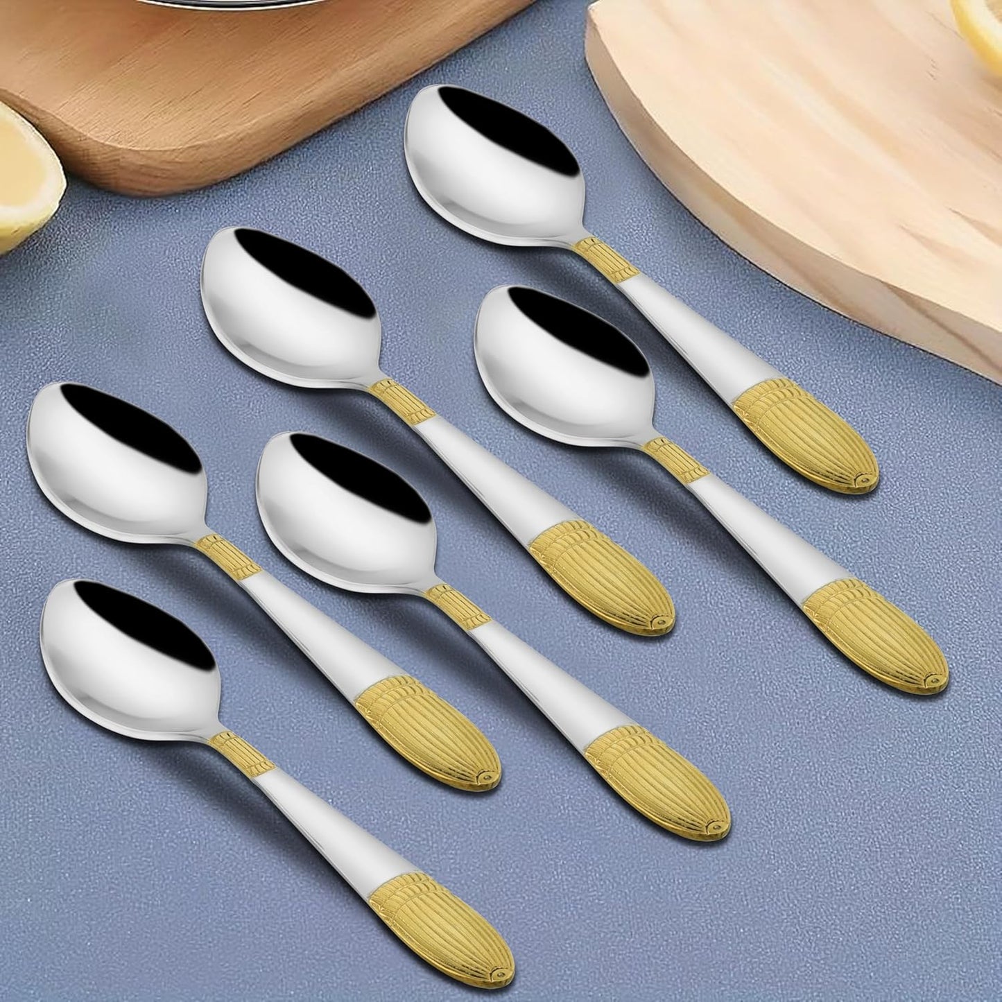6 Pcs Stainless Steel 24K Gold Tea Spoon Set – 14cm, Premium Small Spoons for Home & Kitchen, Luxury Tableware, Housewarming Gift, Ivory Design
