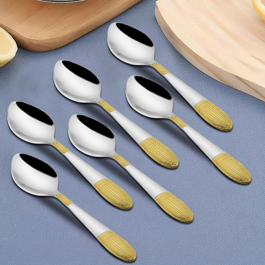 6 Pcs Stainless Steel 24K Gold Tea Spoon Set – 14cm, Premium Small Spoons for Home & Kitchen, Luxury Tableware, Housewarming Gift, Ivory Design