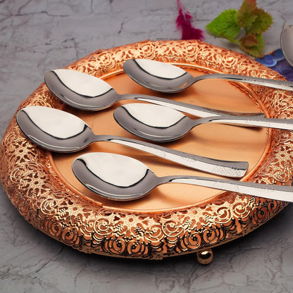 6 Pcs Stainless Steel Spoon Set – 18.5cm, Premium Large Spoons for Home & Kitchen, Luxury Tableware Cutlery, Housewarming Gift, Silver, Moonpress Design