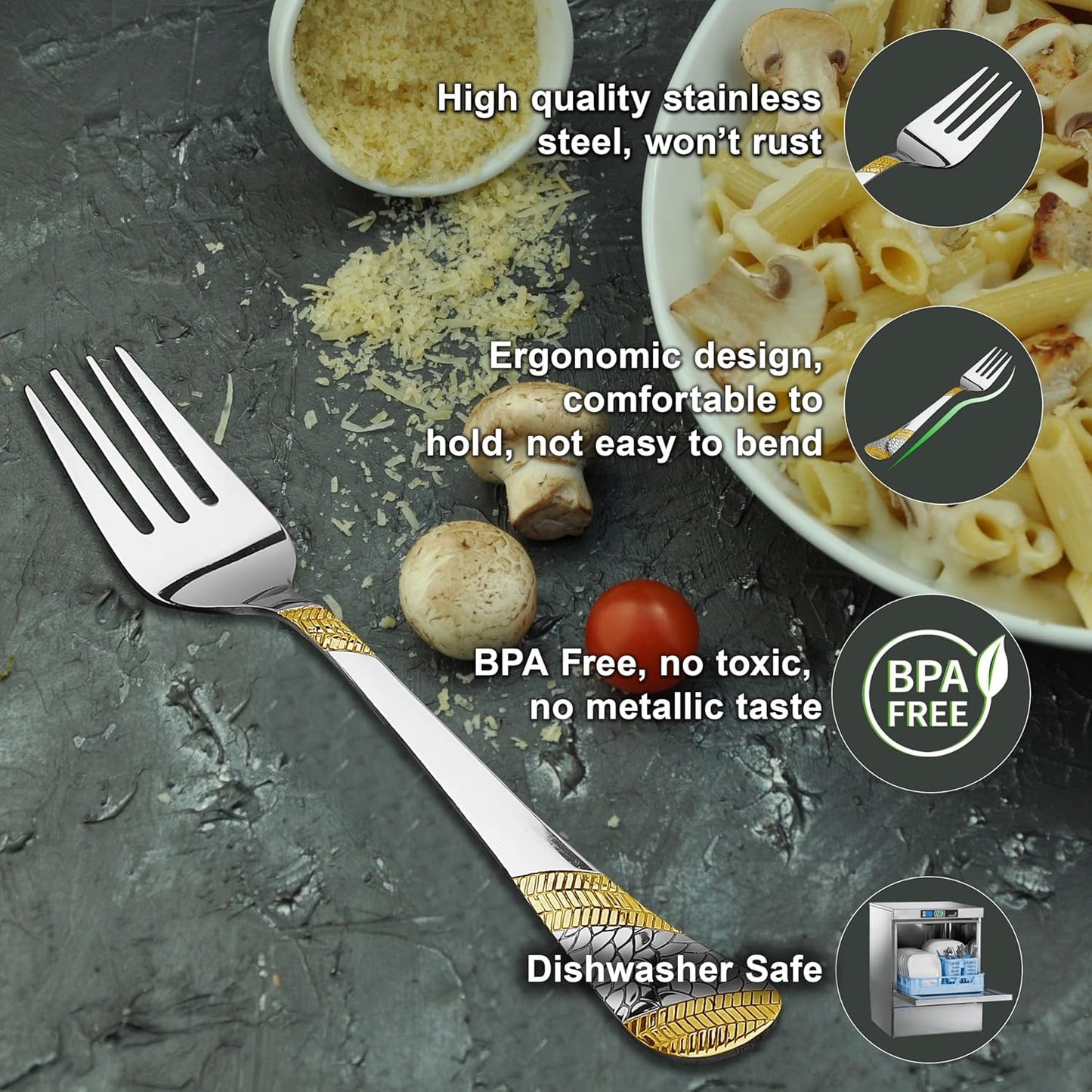 6 Pieces Stainless Steel 24K Golden Dinner Forks, 16 cm Premium Cutlery with Imperial Design – Luxury Tableware for Home & Kitchen