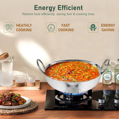 1 Pc Stainless Steel Hammered Kadhai – 1.2 L Heavy Bottom for Cooking & Deep Frying, Gas Stove Friendly, Silver