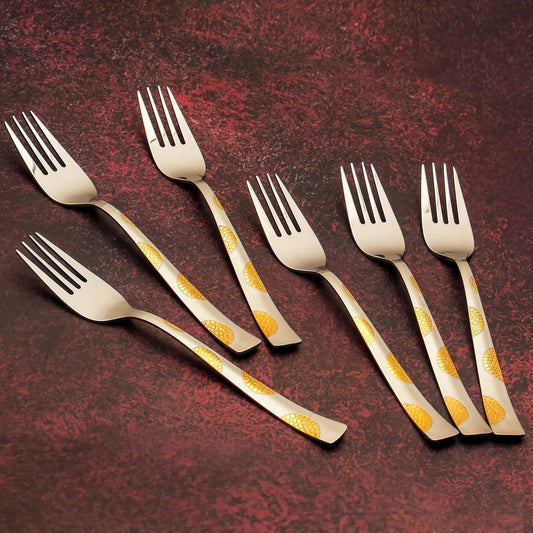 6 Pieces Stainless Steel 24K Golden Forks Set, Premium Luxury Dining Cutlery with Moonpress Design – Ideal Gift for Home & Kitchen