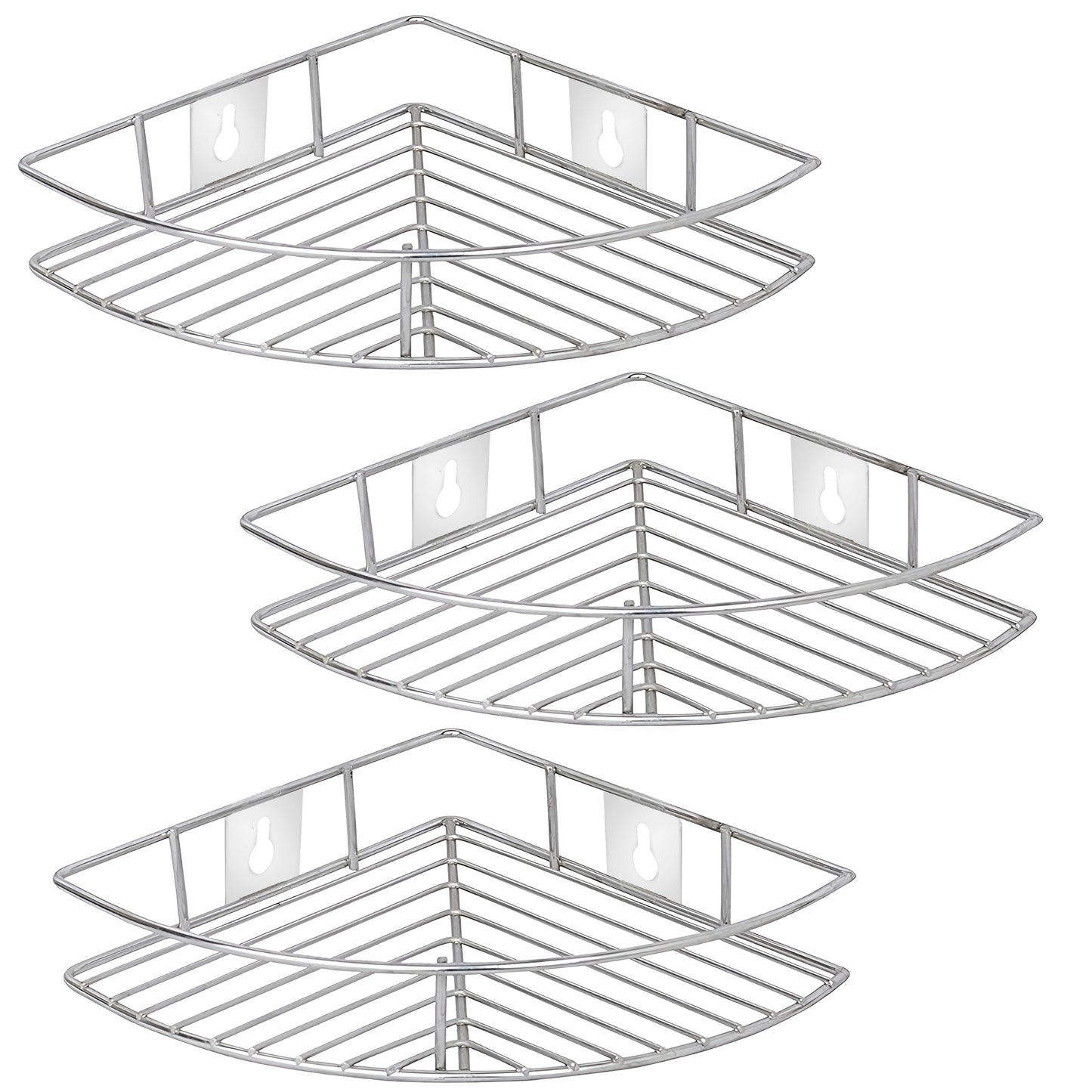 3 Pcs Stainless Steel Multipurpose Corner Shelf Rack – Organizer for Kitchen & Bathroom, Wall-Mounted, 23×23×5 cm, Chrome Finish