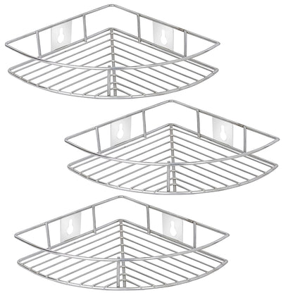 3 Pcs Stainless Steel Multipurpose Corner Shelf Rack – Organizer for Kitchen & Bathroom, Wall-Mounted, 23×23×5 cm, Chrome Finish