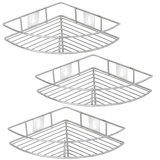 3 Pcs Stainless Steel Multipurpose Corner Shelf Rack – Organizer for Kitchen & Bathroom, Wall-Mounted, 23×23×5 cm, Chrome Finish