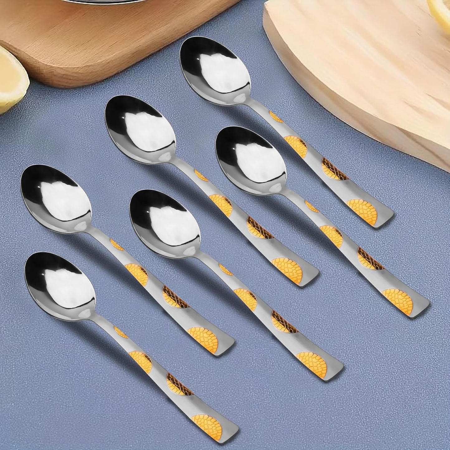 6 Pcs Stainless Steel 24K Gold Tea Spoon Set – 14cm, Premium Small Spoons for Home & Kitchen, Luxury Tableware, Housewarming Gift, Moonpress Design