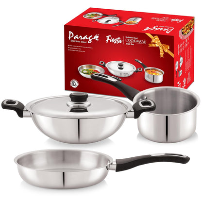 Fiesta Stainless Steel Cookware Set | Kadai, Fry Pan, Sauce Pan | Induction & Gas Compatible FIESTA4PCSET 1
