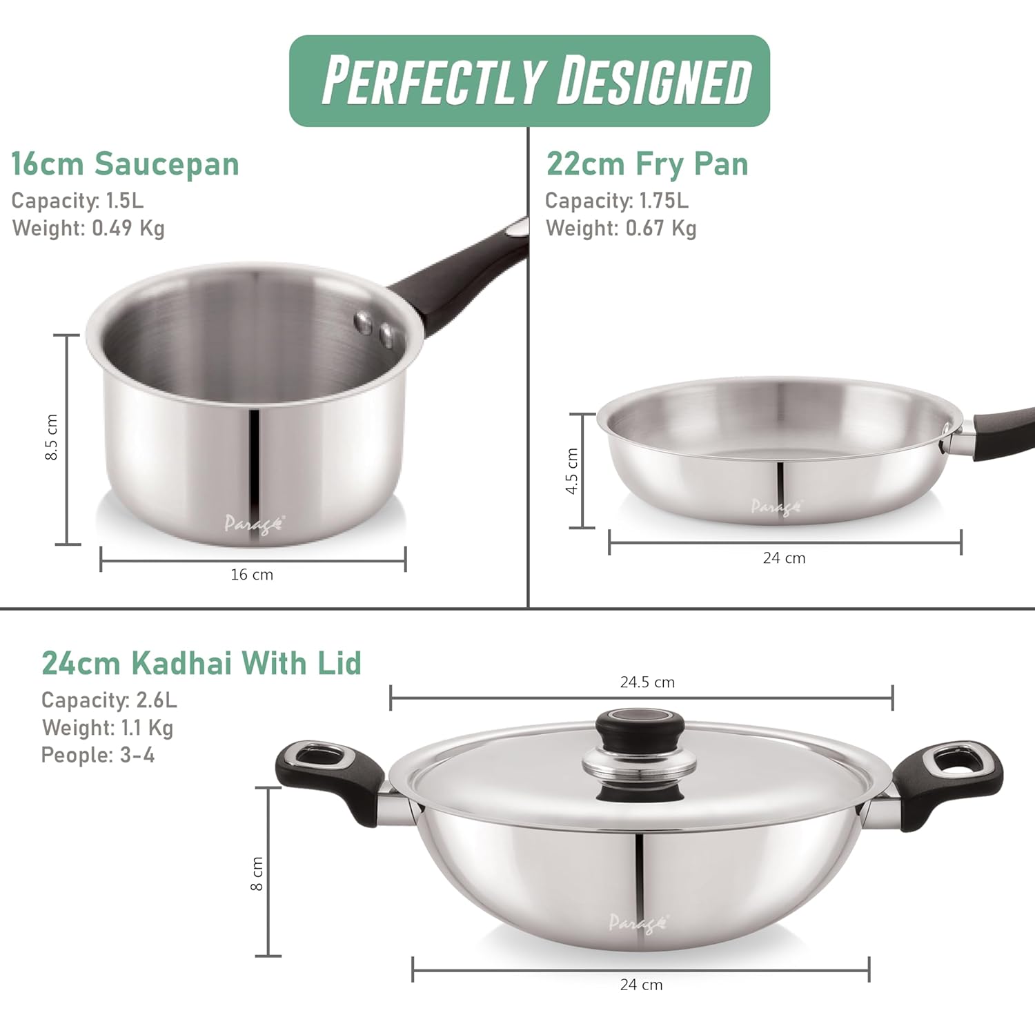 Fiesta Stainless Steel Cookware Set | Kadai, Fry Pan, Sauce Pan | Induction & Gas Compatible FIESTA4PCSET 2